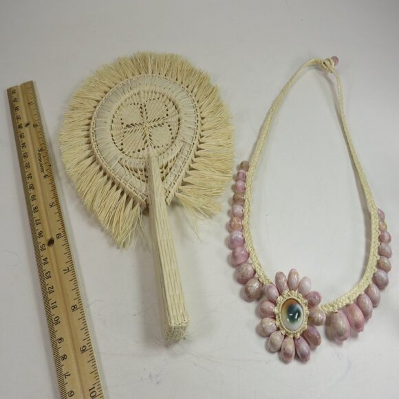 Marshall Islands fan & Cowrie Shell woven purple necklace REAL - Picture 1 of 11